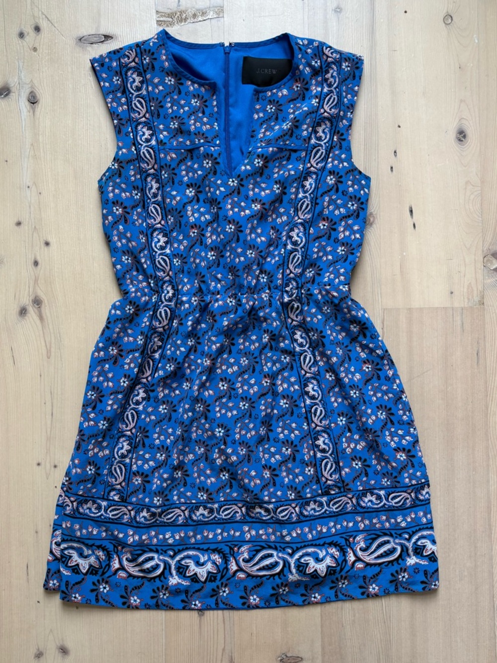 J. Crew Silk Blue Brown Floral Paisley Border Print Sleeveless Mini Dress